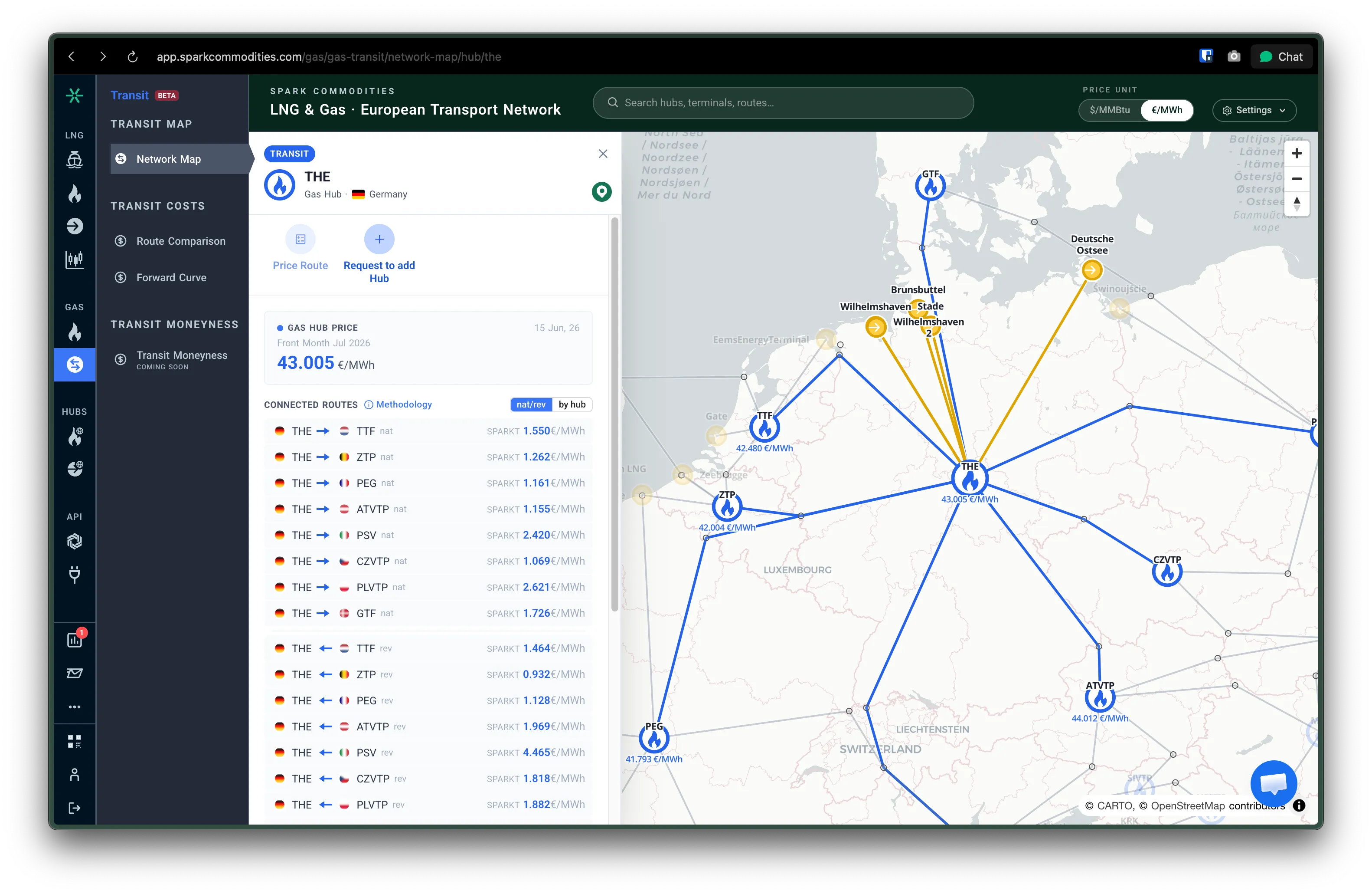 Spark Transit — route cost breakdown between TTF and THE on the European transport network map
